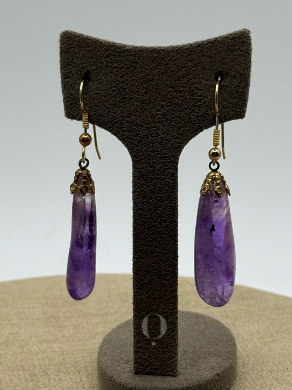 Purple Amethyst Teardrop Dangle Earrings - Gold Accents
